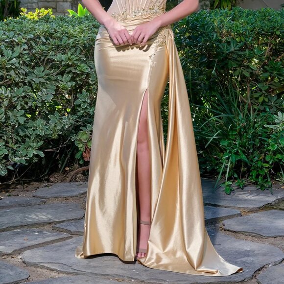 New Soft Satin Elegant Sheath Gown w/ Sheer Boned Bodice & Side Drape GL3808 - Picture 9 of 14